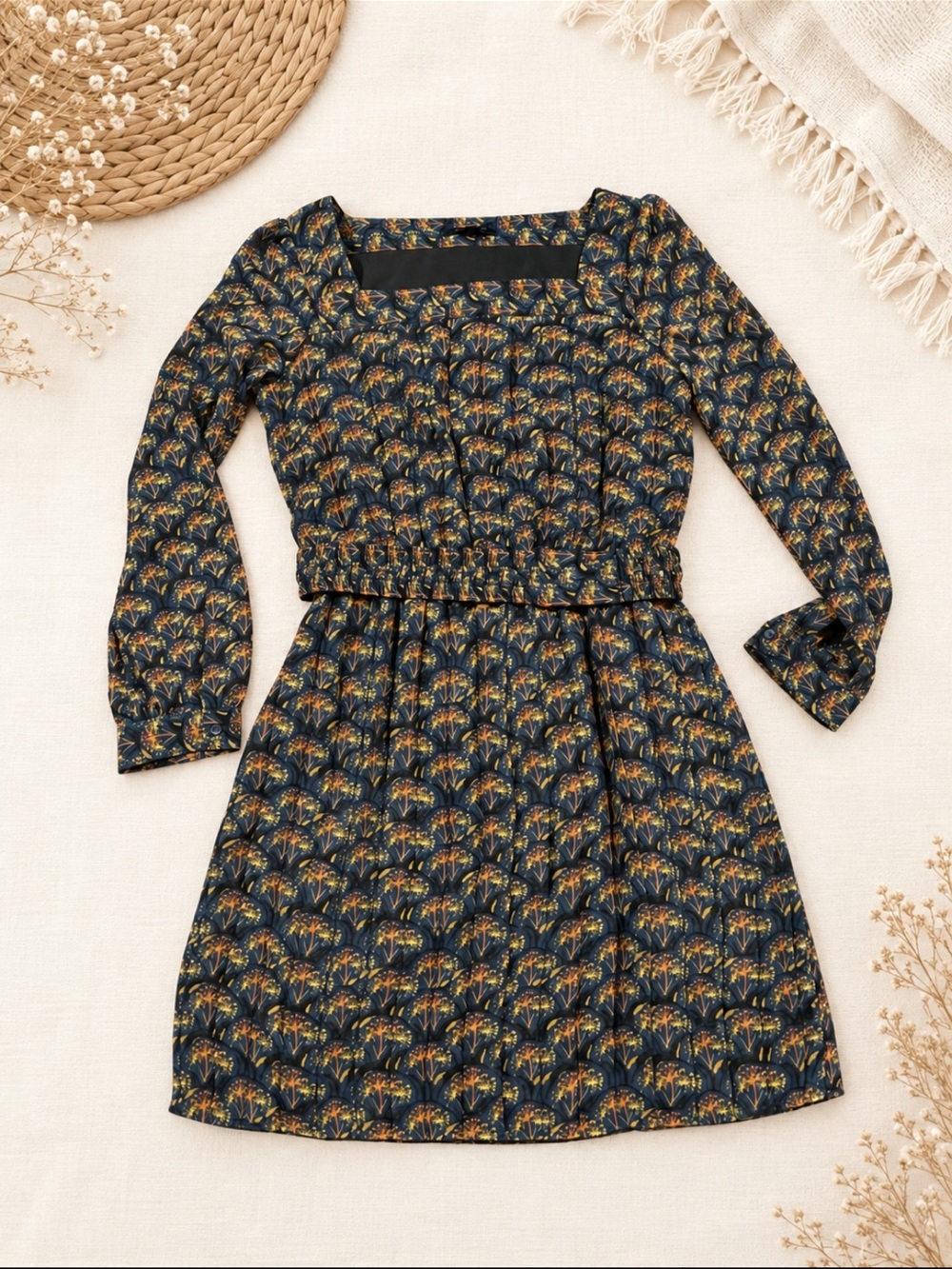 Banana Republic Navy Floral Square-Neck Mini Dress Size 4 Fall Casual Dressy